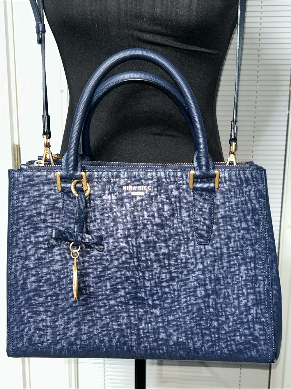 Nina Ricci Navy Leather Structured Satchel with Gold Hardware